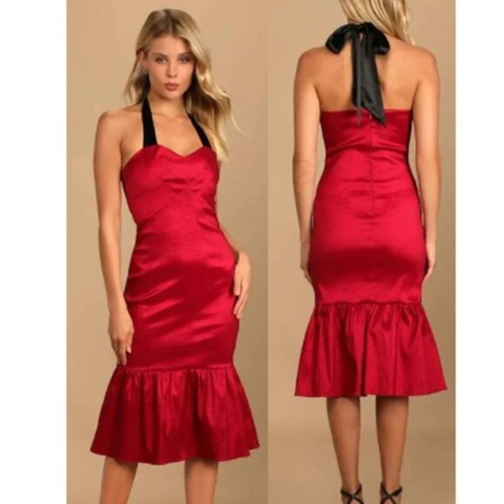 Lulus Women's Halter Trumpet Midi Dress‎ Cocktail Party Red Medium
